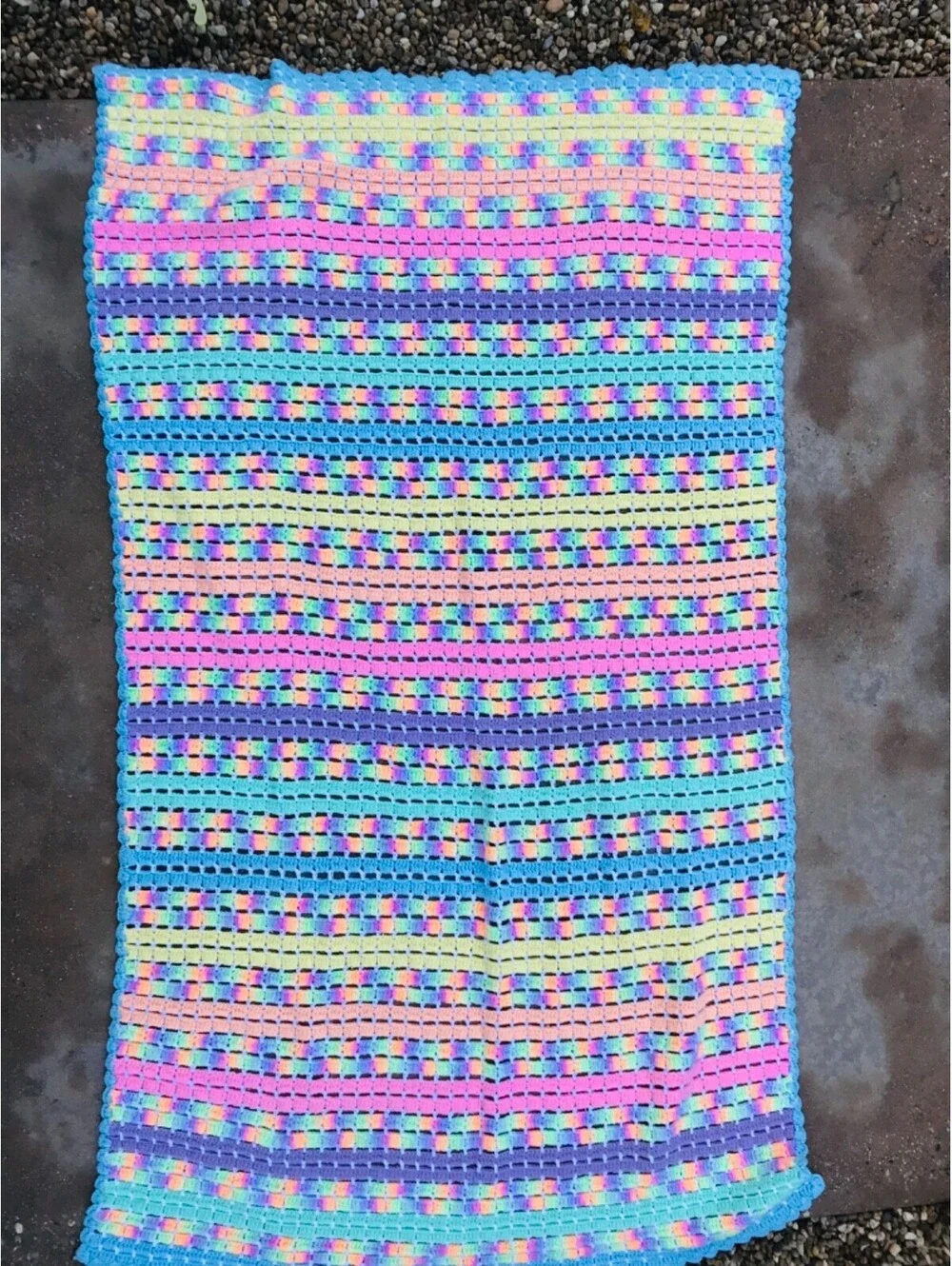 Vintage Hand Knit Crocheted Lap Blanket Vibrant Color 40